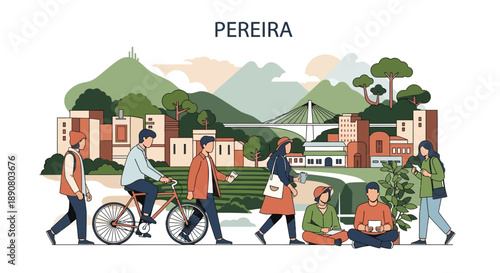 People enjoying leisure time in modern city park with urban landscape