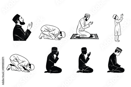 Illustrated collection of muslim men and child performing prayer poses isolated