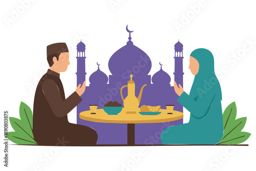 Illustration of couple praying together at table with mosque background and food