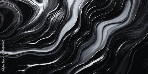 Abstract black and white background with a liquid metallic texture featuring a wavy silver flow and 3d artistic curves for a modern wallpaper design