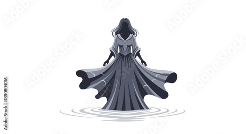 Elegant woman in flowing dress standing in water with dynamic movement