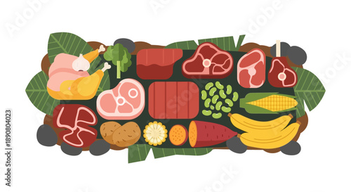 Assorted raw meat and fresh produce arrangement on dark background