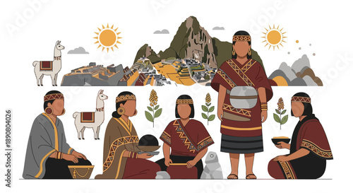 Vibrant Andean community gathering in traditional attire with llama and Machu Picchu landscape