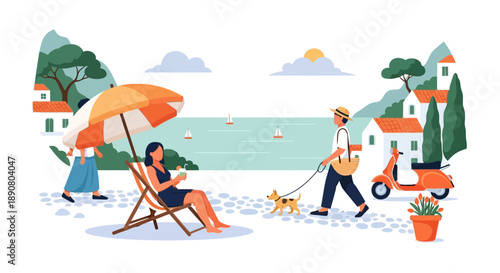 Relaxed summer scene by the sea with people enjoying leisure time