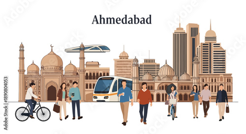 Diverse people commuting in modern Ahmedabad cityscape