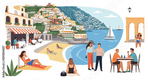 Vibrant beach scene in a picturesque coastal town with people enjoying leisure activities