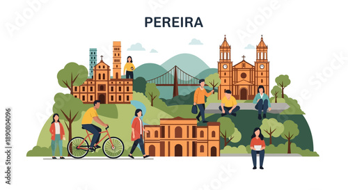 People enjoying leisure time in Pereira city park with historic buildings