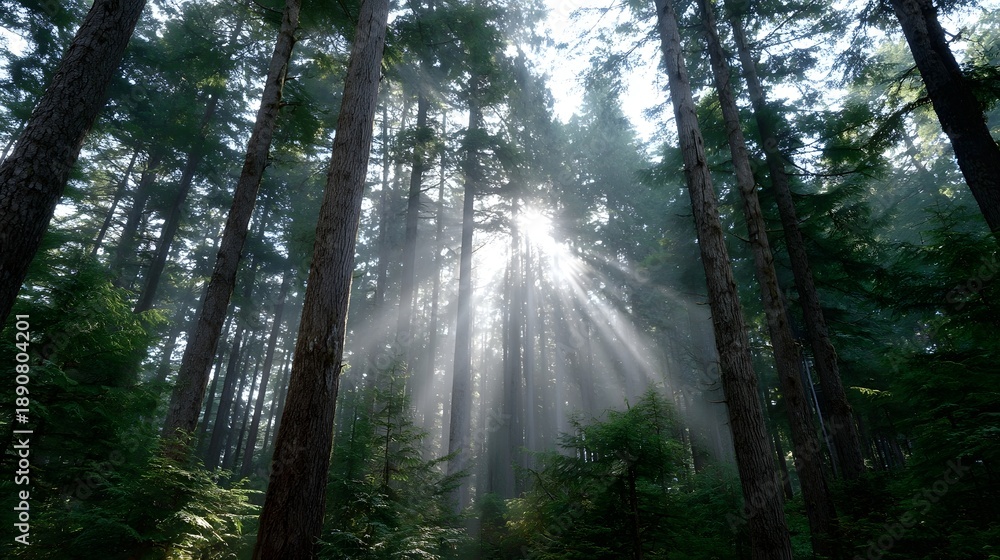 Obraz premium Sunlight rays filtering through the tall trees in a serene forest setting