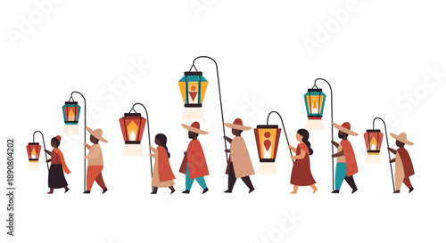 People walking with colorful lanterns in a joyful procession