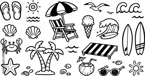 Black and white summer beach icons including flip flops palm trees surfboards ice cream sun umbrella chair sunglasses coconut drink waves starfish crab shells