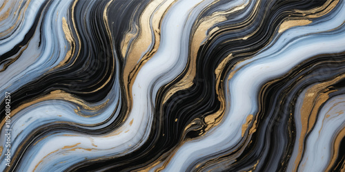 A close up of a wavy stone surface featuring a seamless metallic texture with gold and silver liquid patterns for an abstract art wallpaper backdrop