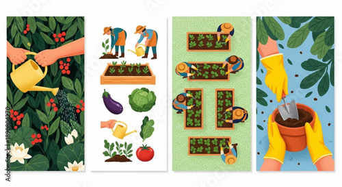 Gardening illustrations depicting various stages of planting and tending to a garden with vegetables and plants