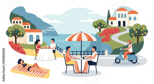 People enjoying leisure activities by the sea in a picturesque coastal town