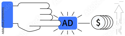 Digital marketing, online advertising, pay-per-click campaigns, revenue generation, ad spending, user engagement. A hand clicking on an ad button with coins and arrow profit increase. Pay-per-click