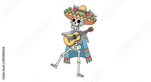Vibrant skeleton in sombrero playing guitar for Dia de los Muertos