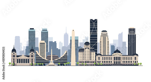 Modern cityscape with sleek skyscrapers and historic buildings