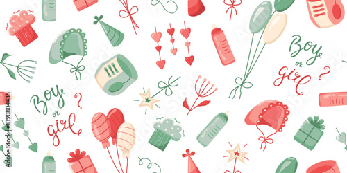 Seamless pattern for a baby gender reveal party. A modern design featuring baby bottles, diapers, and balloons.