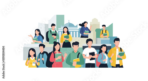 Diverse students with books and backpacks in modern cityscape