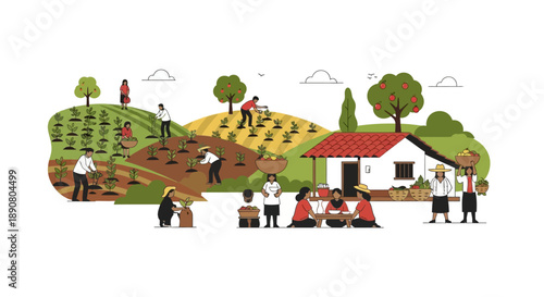 Farmers cultivating land and harvesting fresh produce in a vibrant rural setting