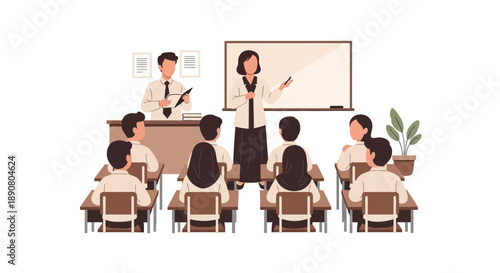 Teacher and assistant engaging students in modern classroom setting