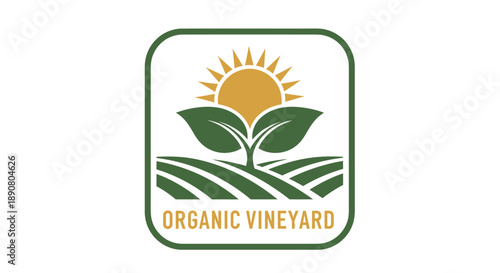 Organic Vineyard Logo with Sun, Leaves, and Fields.