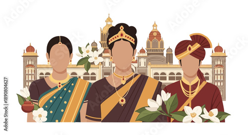 Traditional Indian people in cultural attire with flowers and architecture