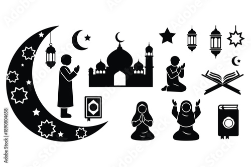 Ramadan and Islamic religious celebration icons set with mosque prayer and Quran symbols