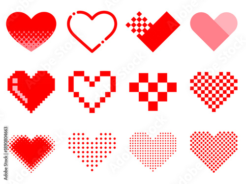 デジタルな赤いハートのイラストセット