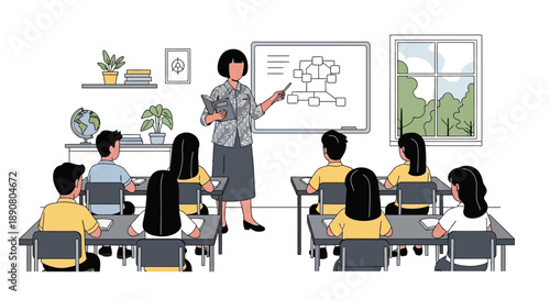 Teacher explaining lesson plan to students in modern classroom