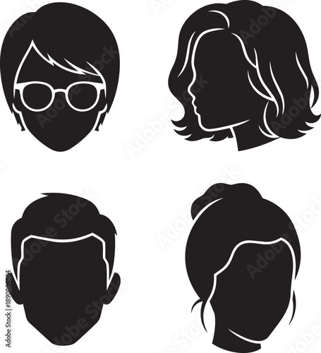 Collection of silhouetted head profiles of various individuals from different viewpoints on a clean white background.