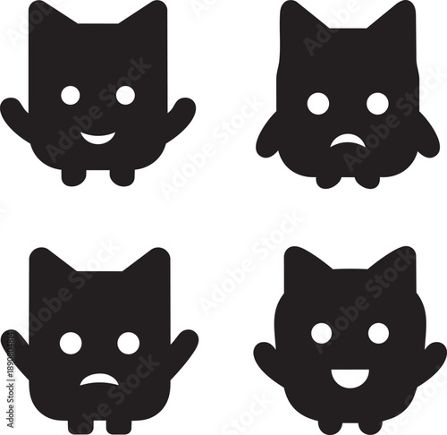 Four black cat silhouettes with different facial expressions standing on a white background viewed from the front.