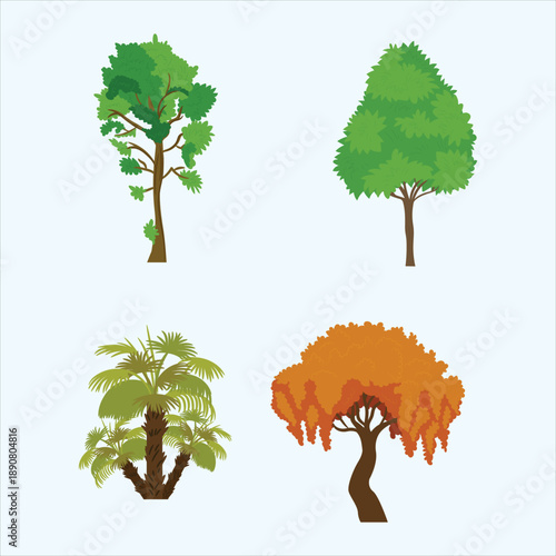 Diverse Set of Four Trees in Green and Autumnal Orange Hues, Including Palm and Deciduous Varieties, for Natural Environment Designs
