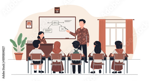 Teacher and students in a classroom with a flowchart