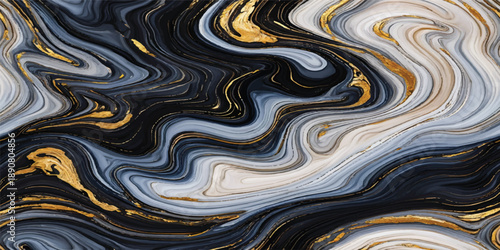 Seamless blue and yellow liquid waves create a colorful metallic texture and wavy gold paint pattern on this artistic vector wallpaper backdrop