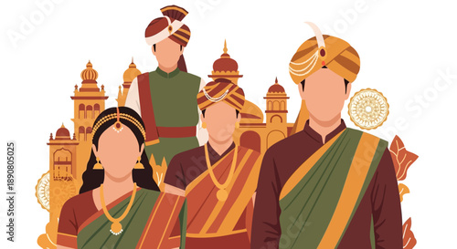 Traditional Indian people wearing cultural clothing and jewelry together