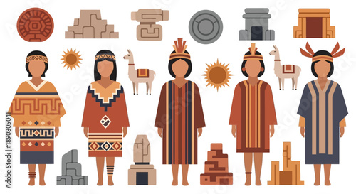 Traditional inca people and cultural symbols illustration