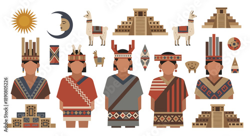 Colorful illustration of Inca people and their symbols