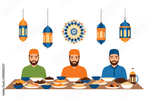 Three men enjoying a traditional iftar meal together with decorative lanterns