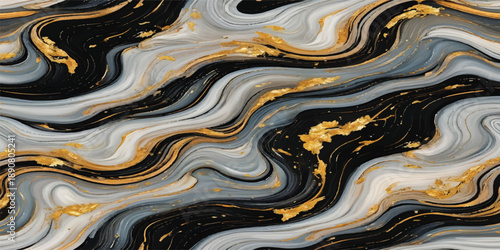 Seamless artistic backdrop featuring a flowing metallic design with the texture of sand and stone, blending brown waves and blue liquid patterns into a golden wavy illustration