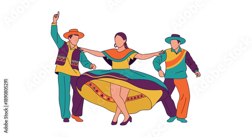 Colorful dancers in traditional attire perform lively dance moves together