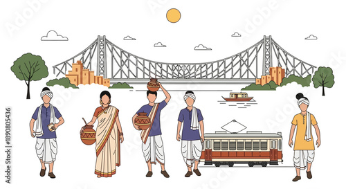 Traditional indian people walking in front of city landmark