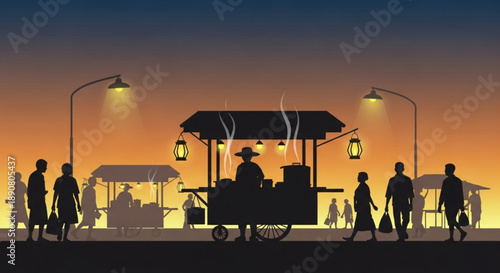 Street vendors selling goods from a cart at dusk with silhouetted people walking by under streetlights