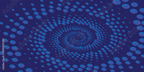 Abstract Blue Spiral Halftone Background, Cyberpunk Tech Vortex Pattern.