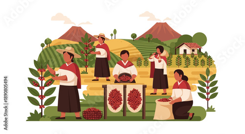 People harvesting coffee cherries in a rural mountainous area