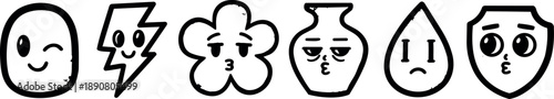 Monochrome vector art collection of six emotive and playful cartoon icons with winking, pouting, sad, and amused faces in minimalistic style