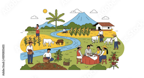 Farmers working and socializing in a rural countryside setting