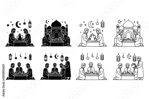 Traditional islamic eid celebration with family sharing meals and prayers together