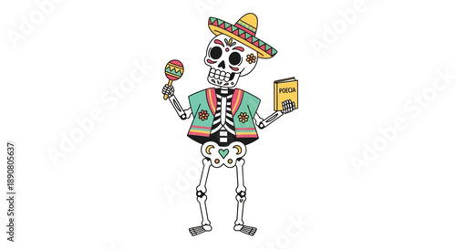 Colorful skeleton wearing sombrero holding maraca and poetry book