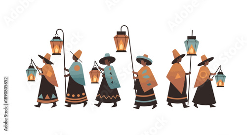 Group of people walking with lanterns in the night