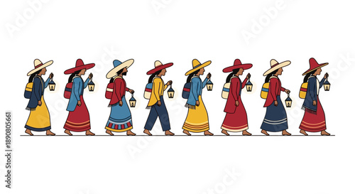 Group of people walking in a line with lanterns